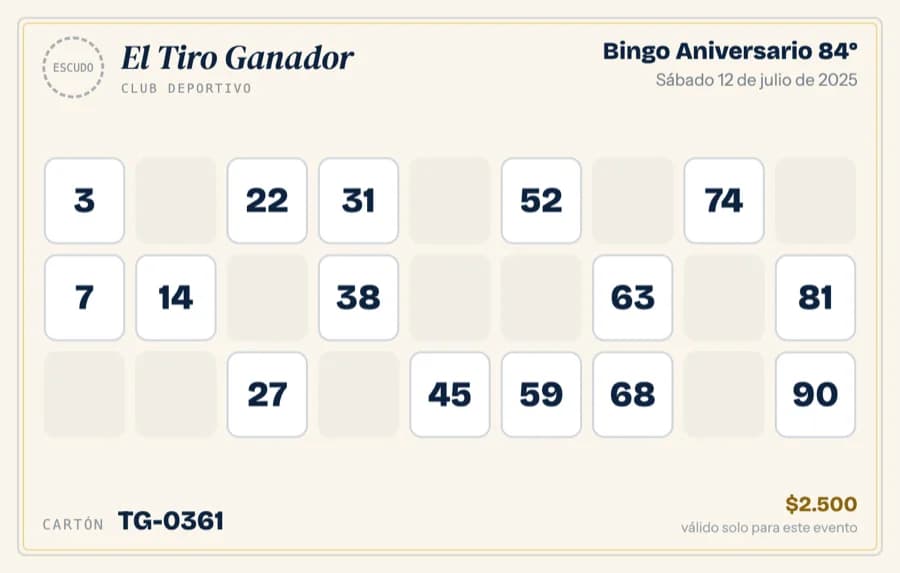 Cartón de bingo listo para imprimir, con membrete de la institución y grilla 9×3
