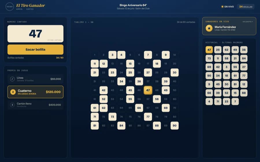 Consola del operador: tablero 1–90, historial de bolillas cantadas y premios en juego