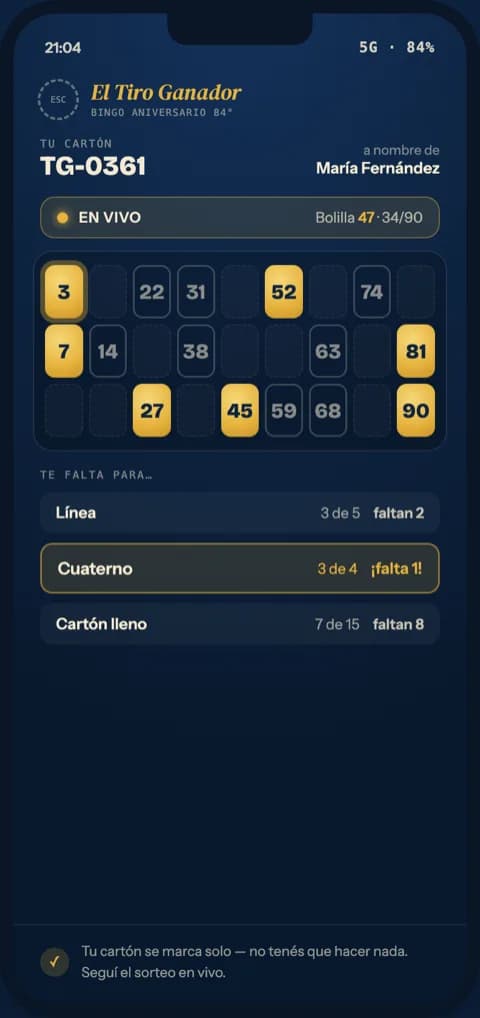 Portal del jugador en el celular: el cartón se marca solo con cada bolilla cantada